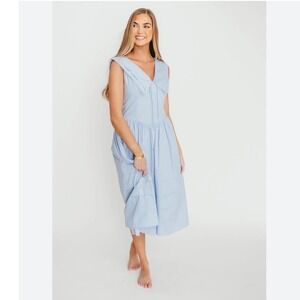 Aureum Light Blue Cotton Sailor Collar Midi Dress Lace Trim Sleeveless Size L